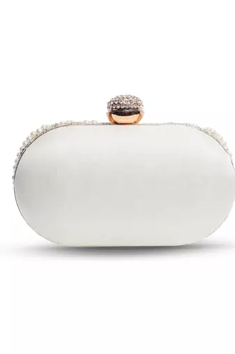 Silver hand embroidered silk clutch