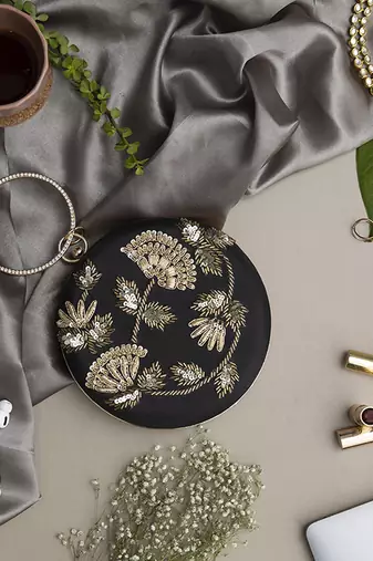Black silk clutch with hand embroidery work
