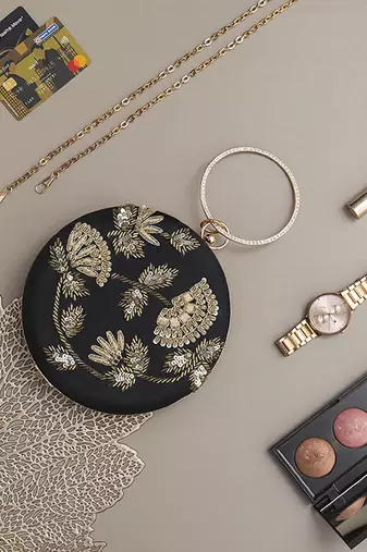 Black silk clutch with hand embroidery work