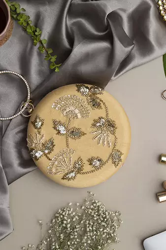 Gold silk hand embroidered clutch