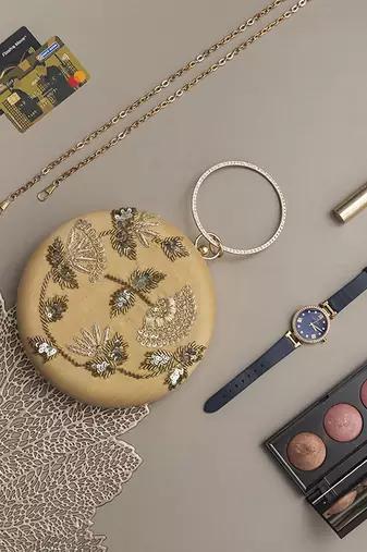 Gold silk hand embroidered clutch