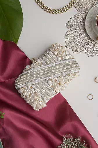White silk hand embroidered clutch