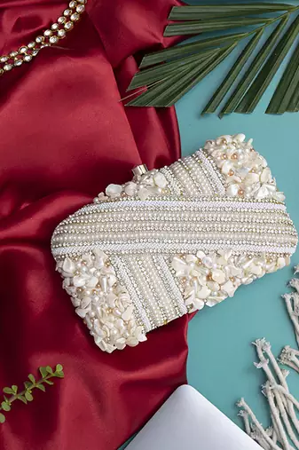 White silk hand embroidered clutch