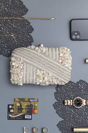 White silk hand embroidered clutch