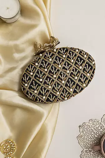 Black  hand embroidered silk clutch