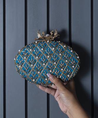 Blue hand embroidered silk clutch 1