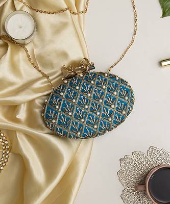 Blue hand embroidered silk clutch 2