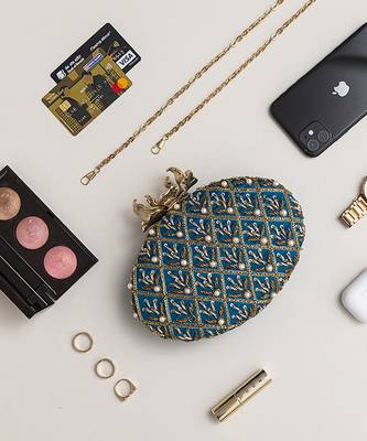 Blue hand embroidered silk clutch 3