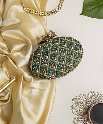 Green hand embroidered silk clutch 1