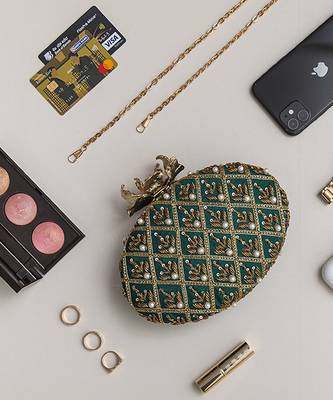 Green hand embroidered silk clutch 2
