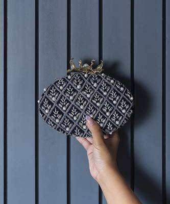 Blue silk hand embroidered clutch 1