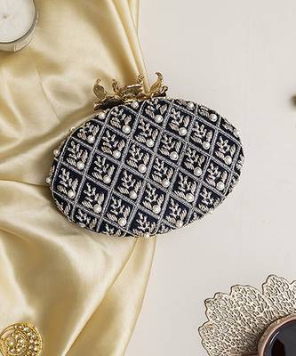 Blue silk hand embroidered clutch 2