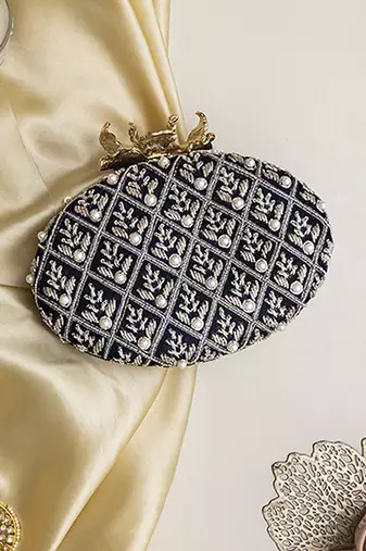 Blue silk hand embroidered clutch