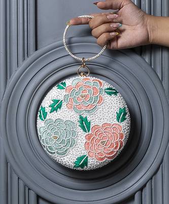 White silk round floral hand embroidered clutch 1