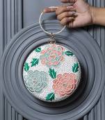 White silk round floral hand embroidered clutch
