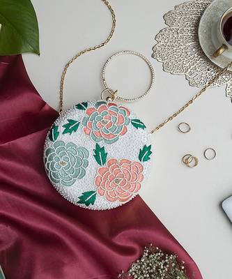 White silk round floral hand embroidered clutch 2