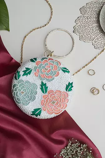 White silk round floral hand embroidered clutch