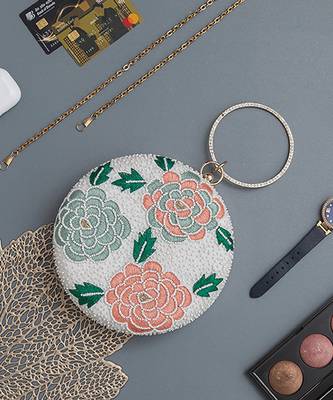 White silk round floral hand embroidered clutch 3