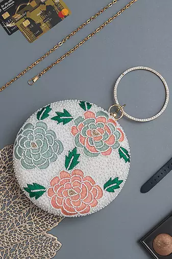 White silk round floral hand embroidered clutch