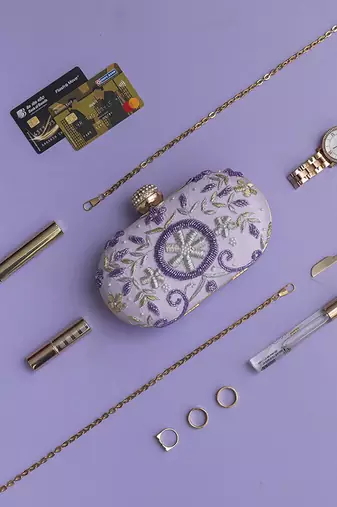 Purple silk lilac hand embroidered clutch