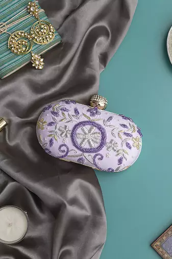 Purple silk lilac hand embroidered clutch