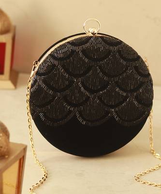 Black silk hand embroidered round clutch 1