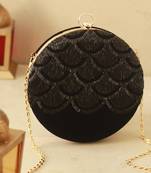 Black silk hand embroidered round clutch