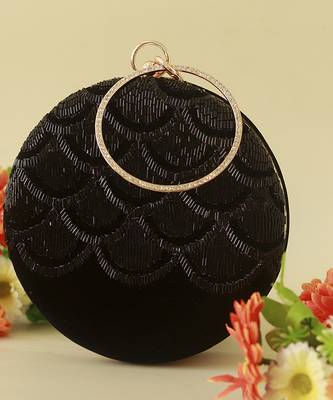 Black silk hand embroidered round clutch 2