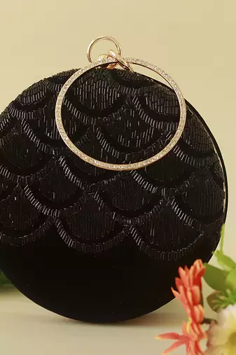Black silk hand embroidered round clutch