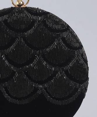 Black silk hand embroidered round clutch 3