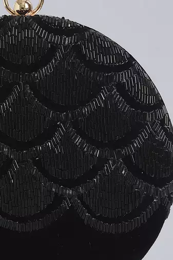 Black silk hand embroidered round clutch