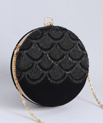 Black silk hand embroidered round clutch 4