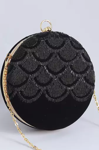Black silk hand embroidered round clutch