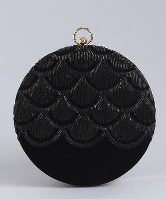Black silk hand embroidered round clutch 5