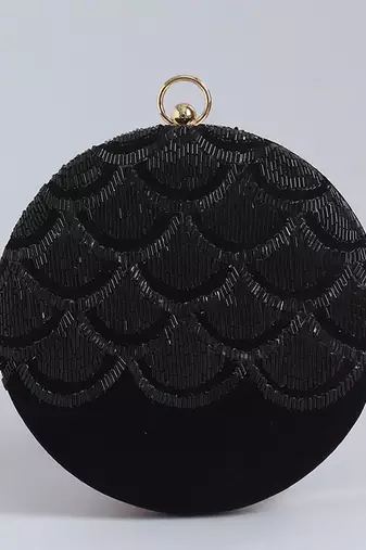 Black silk hand embroidered round clutch