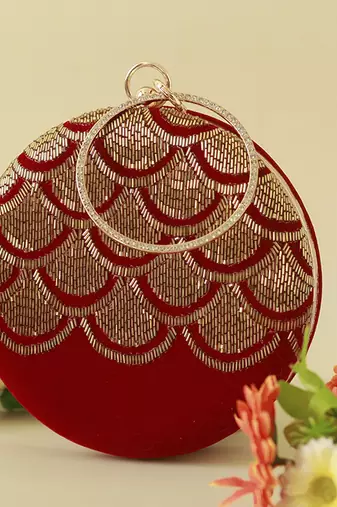 Red silk hand embroidered clutch