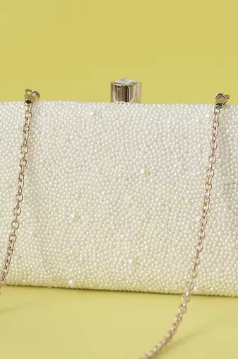 White pearl hand embroidered clutch