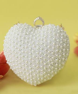 all white pearl hand embroidered heart clutch 1