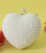 all white pearl hand embroidered heart clutch