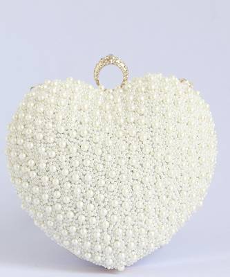 all white pearl hand embroidered heart clutch 4