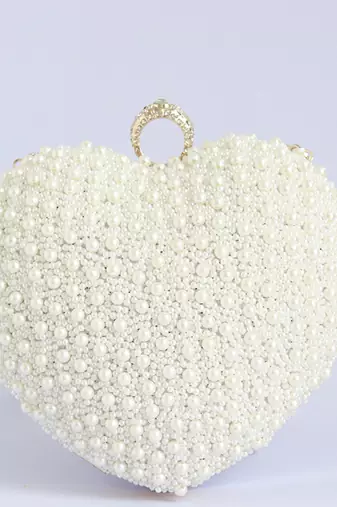 all white pearl hand embroidered heart clutch