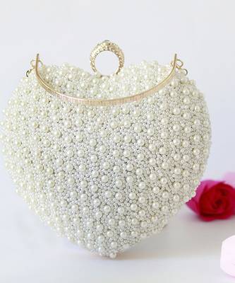 all white pearl hand embroidered heart clutch 5