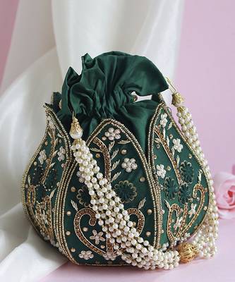 Green silk hand embroidered mini lotus potli 1