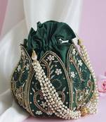 Green silk hand embroidered mini lotus potli