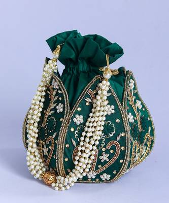 Green silk hand embroidered mini lotus potli 2