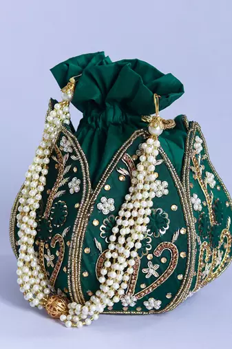 Green silk hand embroidered mini lotus potli