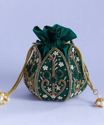 Green silk hand embroidered mini lotus potli 3