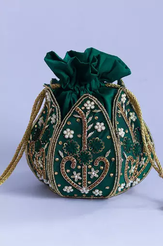 Green silk hand embroidered mini lotus potli