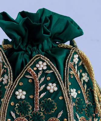 Green silk hand embroidered mini lotus potli 4