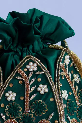 Green silk hand embroidered mini lotus potli